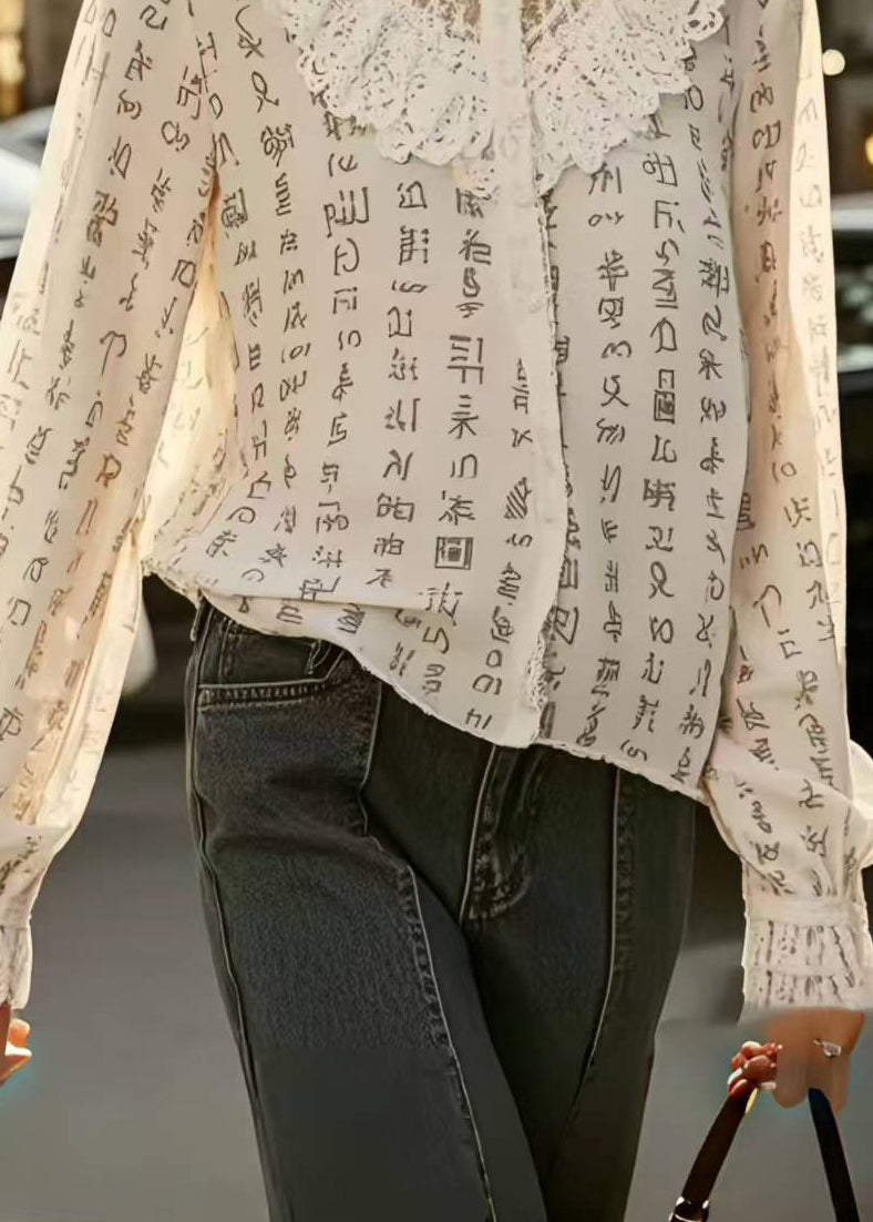 Casual Beige Print Patchwork Lace Hollow Out Shirts Spring