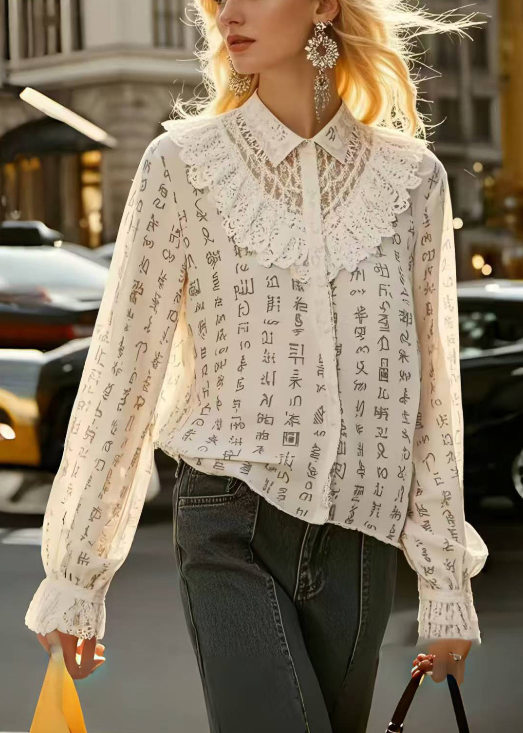 Casual Beige Print Patchwork Lace Hollow Out Shirts Spring