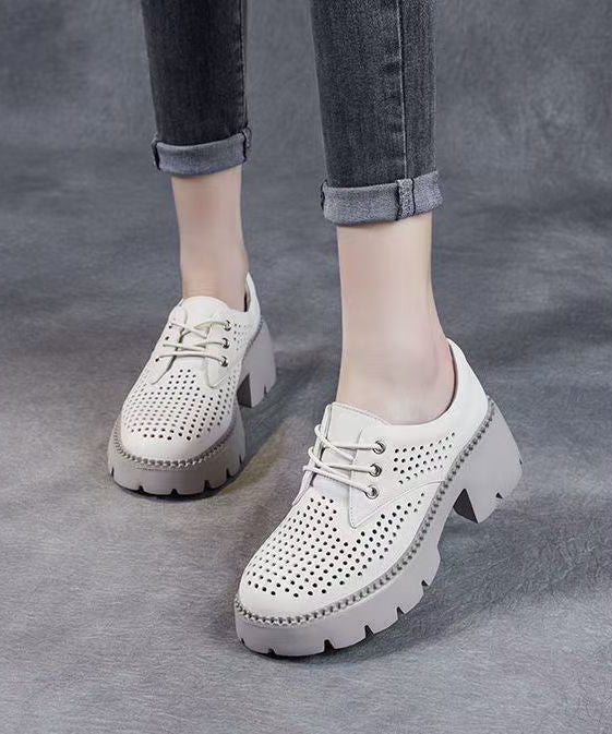 Casual Beige Splicing Chunky Heel Hollow Out Lace Up