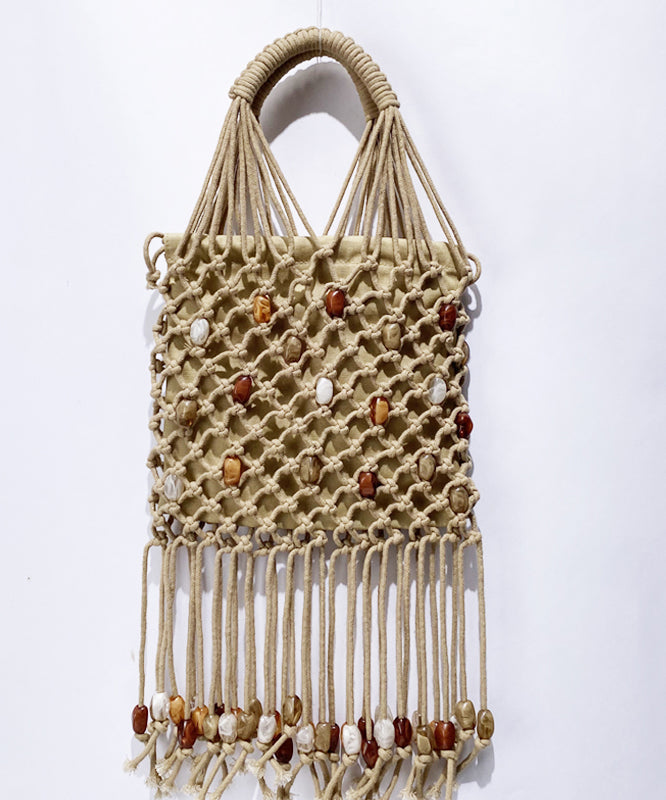 Casual Beige Tasseled Nail Bead Woven Tote Handbag