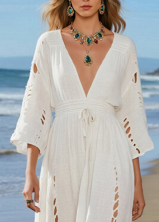 Casual Beige V Neck Hollow Out Cotton Holiday Dresses Spring