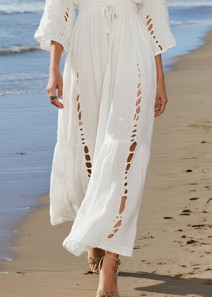 Casual Beige V Neck Hollow Out Cotton Holiday Dresses Spring