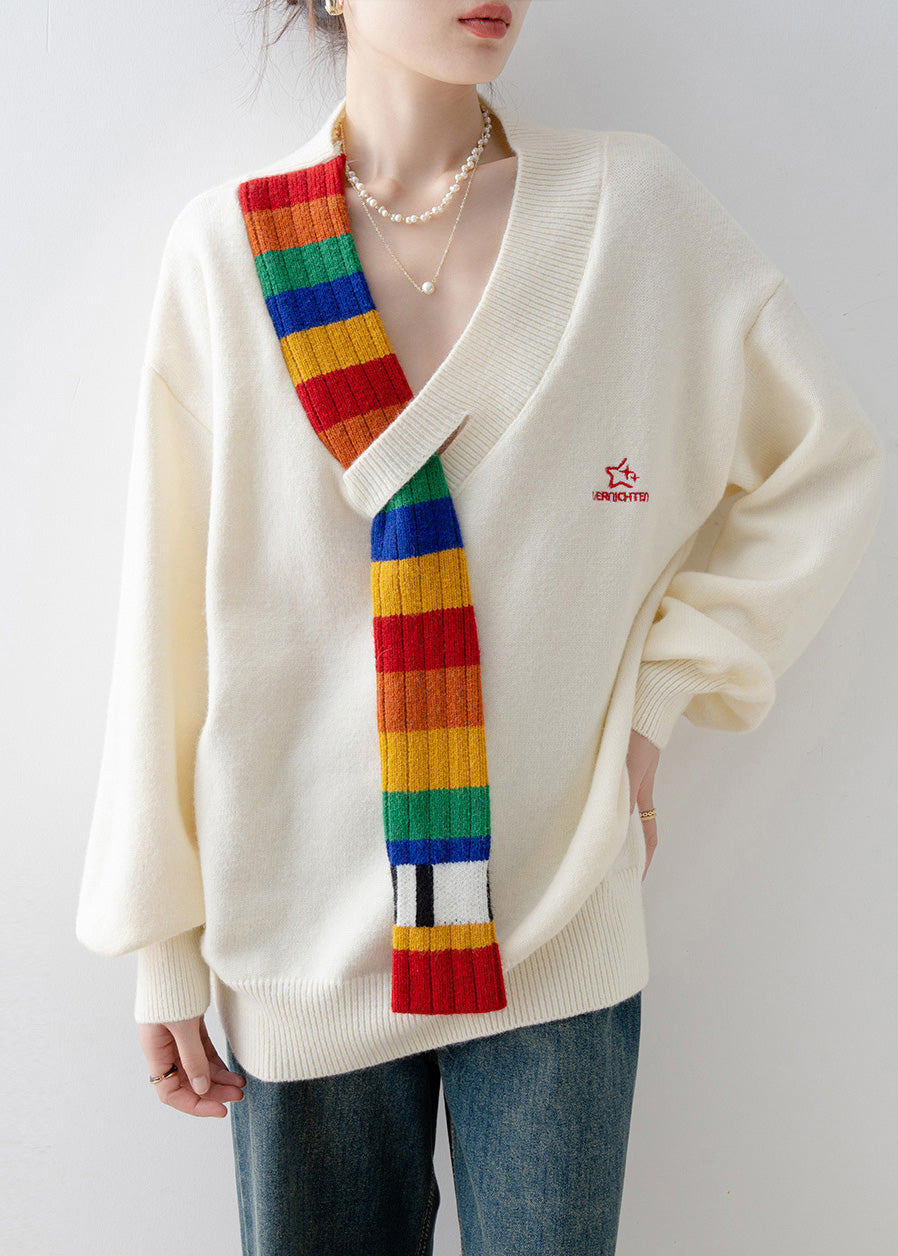 Casual Beige V Neck Patchwork Knitted Sweaters Tops Spring