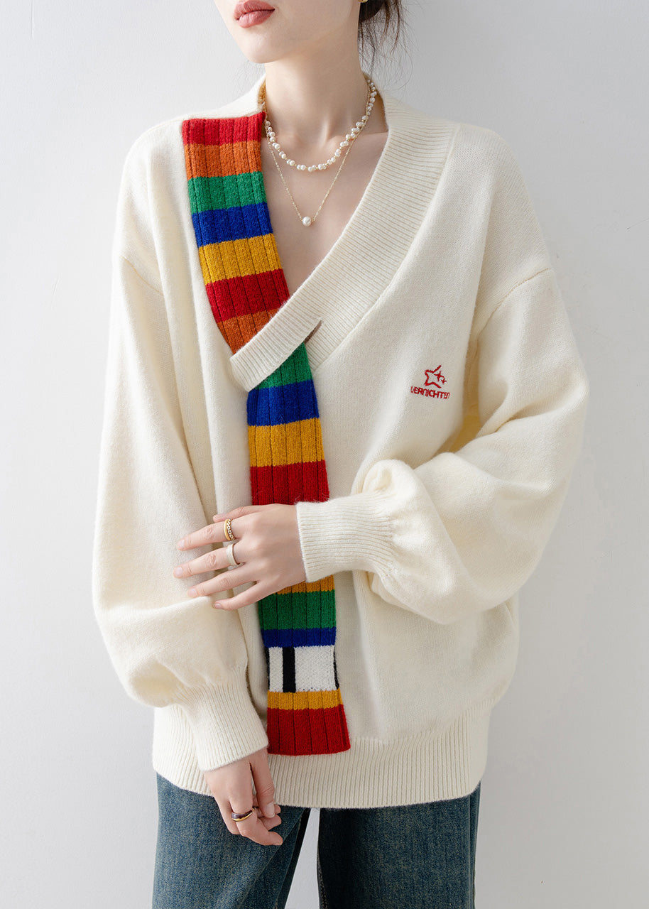 Casual Beige V Neck Patchwork Knitted Sweaters Tops Spring