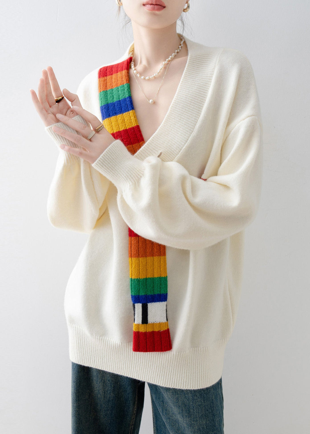 Casual Beige V Neck Patchwork Knitted Sweaters Tops Spring