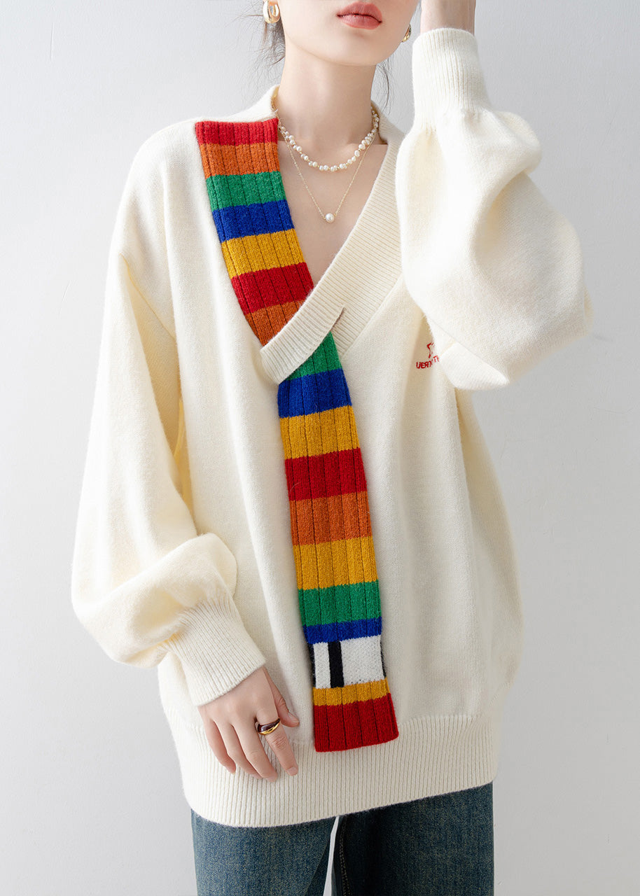 Casual Beige V Neck Patchwork Knitted Sweaters Tops Spring