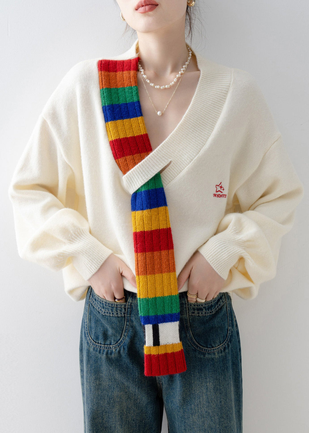 Casual Beige V Neck Patchwork Knitted Sweaters Tops Spring