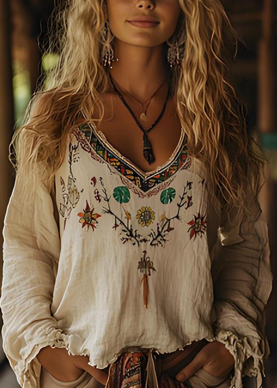 Casual Beige V Neck Print Cotton Top Long Sleeve