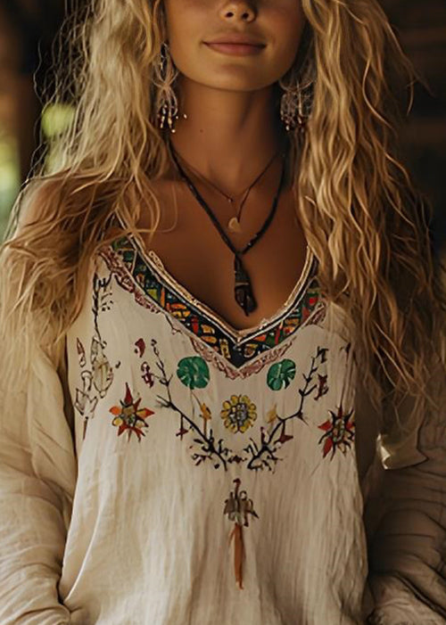 Casual Beige V Neck Print Cotton Top Long Sleeve