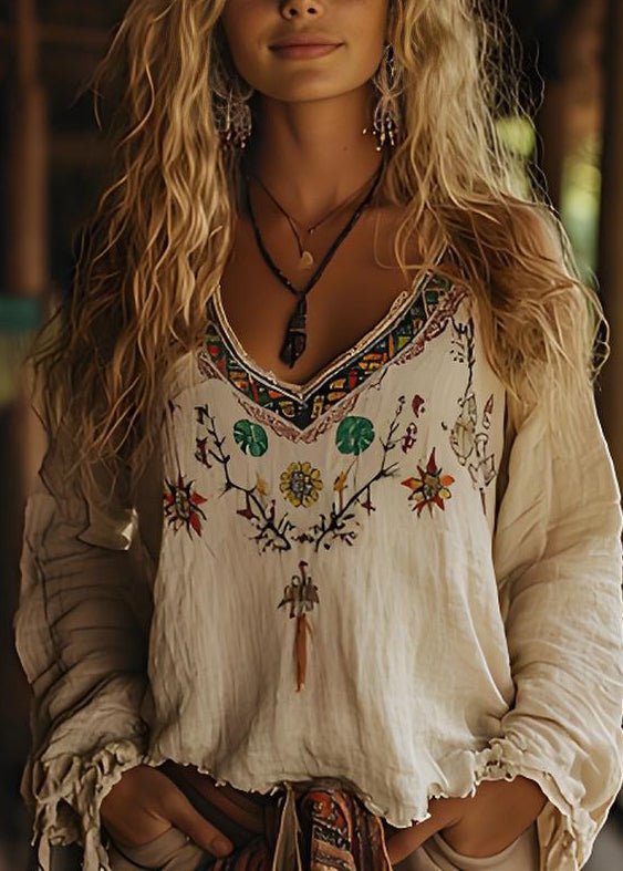 Casual Beige V Neck Print Cotton Top Long Sleeve