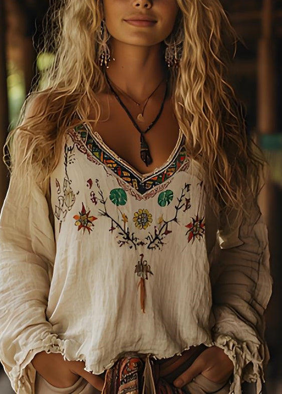 Casual Beige V Neck Print Cotton Top Long Sleeve