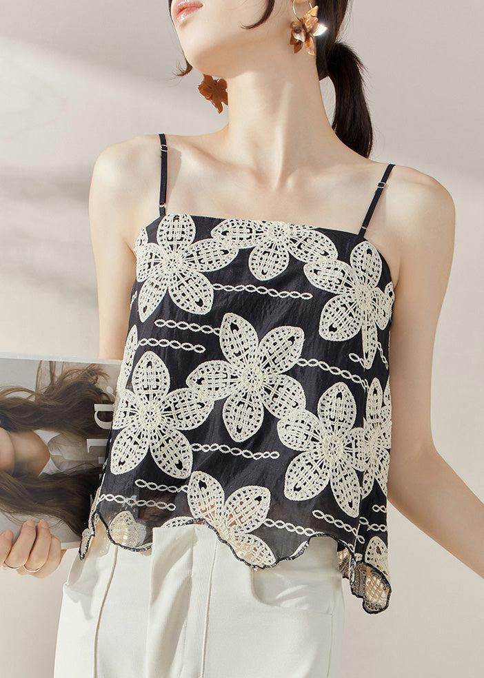 Casual Black Backless Embroideried Tanks Sleeveless