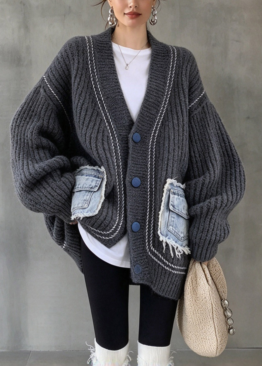 Casual Black Button Pockets Patchwork Cotton Knit Cardigans Fall