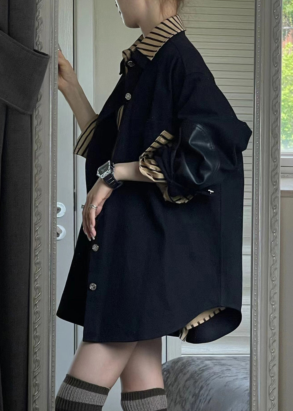 Casual Black Coats And Striped Shirts Two Piece Set Spring