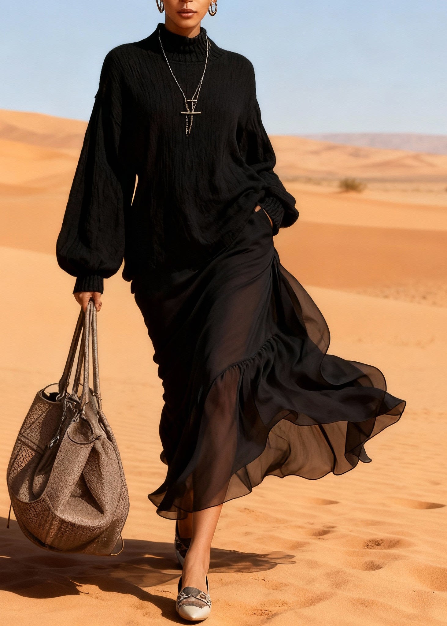 Casual Black Cotton Knit Patchwork Chiffon Maxi Dresses Lantern Sleeve - Omychic