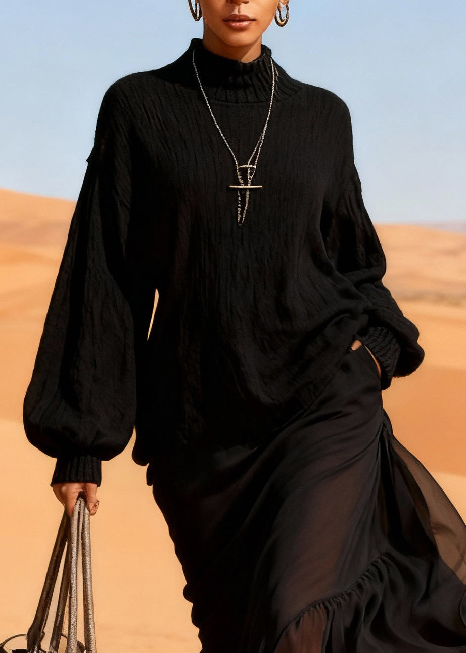 Casual Black Cotton Knit Patchwork Chiffon Maxi Dresses Lantern Sleeve - Omychic