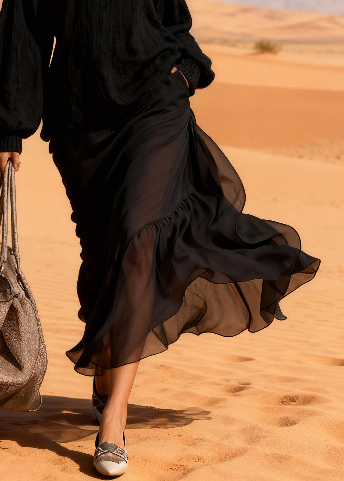 Casual Black Cotton Knit Patchwork Chiffon Maxi Dresses Lantern Sleeve - Omychic