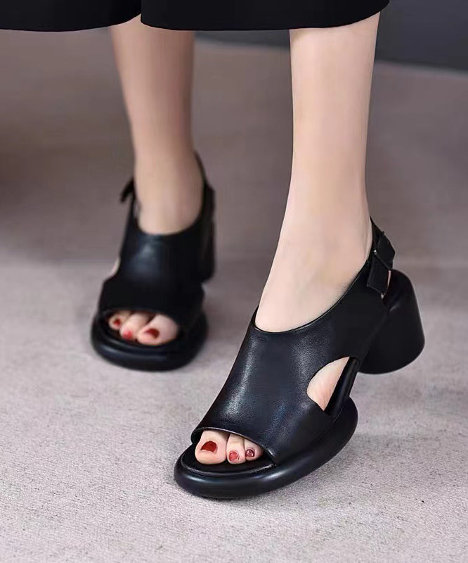 Casual Black Cowhide Leather Buckle Strap Sandals