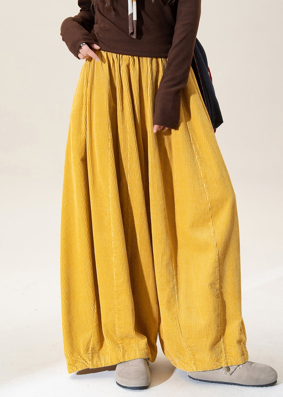 Casual Black Elastic Waist Corduroy Wide Leg Pants Fall