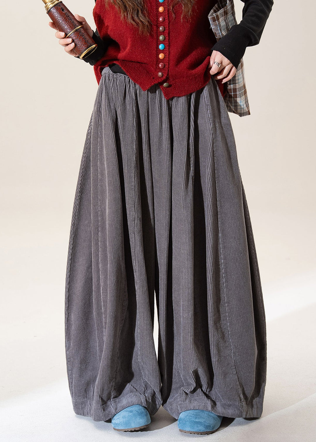 Casual Black Elastic Waist Corduroy Wide Leg Pants Fall