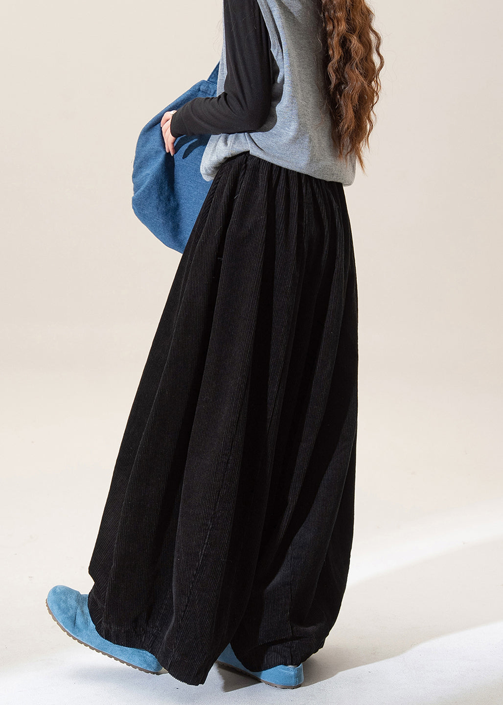 Casual Black Elastic Waist Corduroy Wide Leg Pants Fall