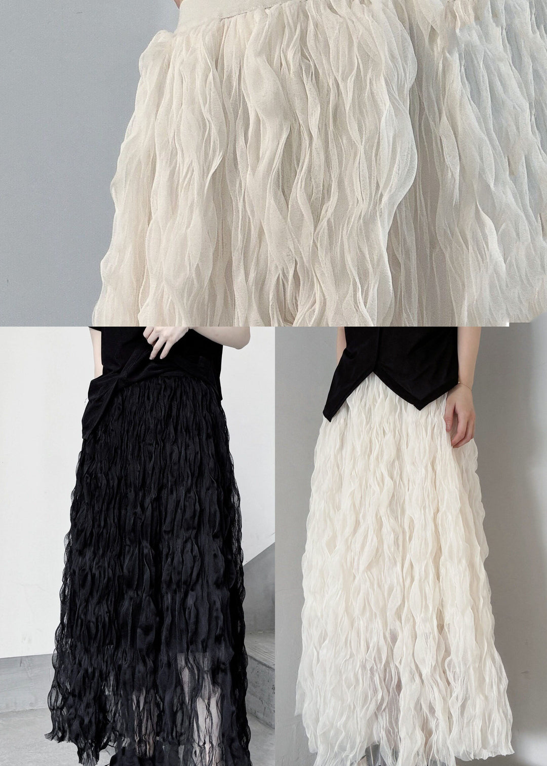 Casual Black Elastic Waist Wrinkled Tulle Skirt Fall