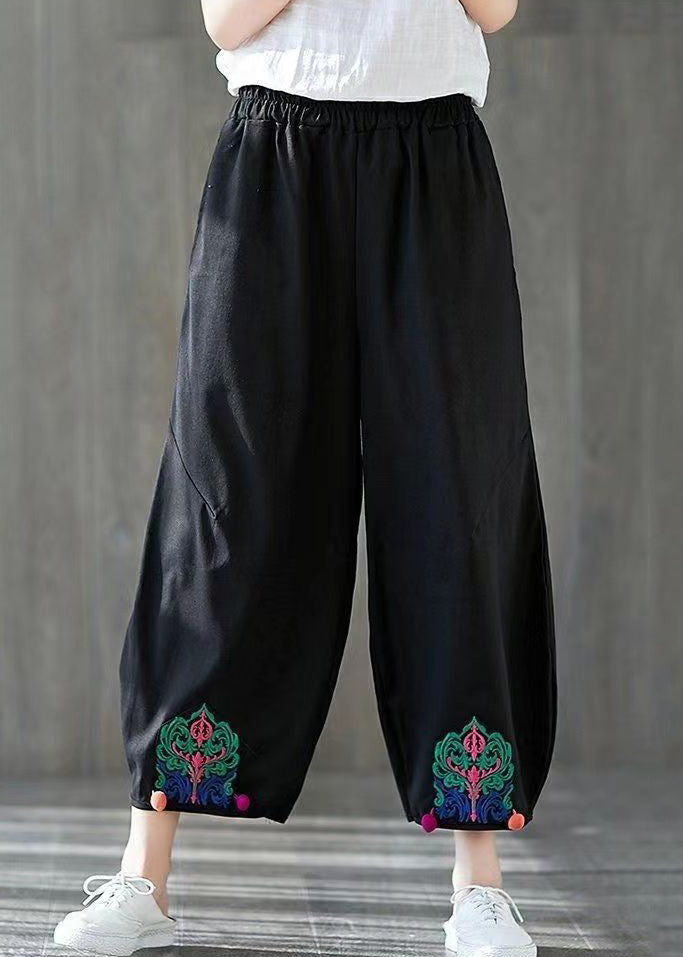 Casual Black Embroidered Elastic Waist Cotton Harem Pants Summer