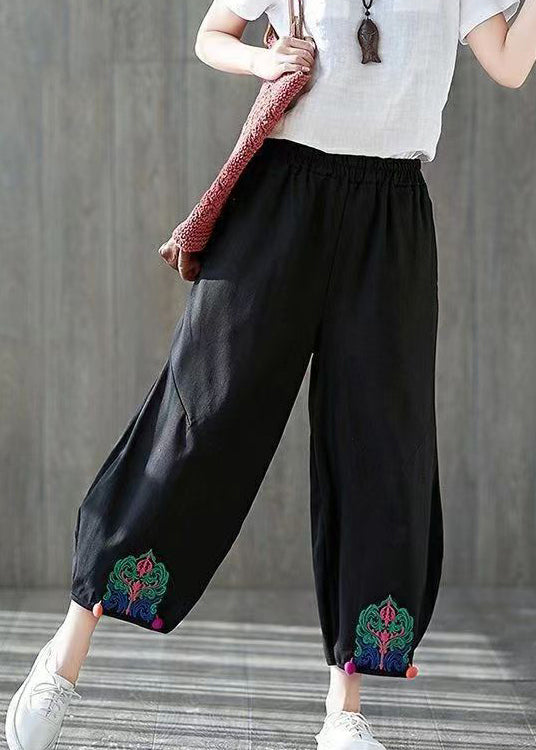 Casual Black Embroidered Elastic Waist Cotton Harem Pants Summer