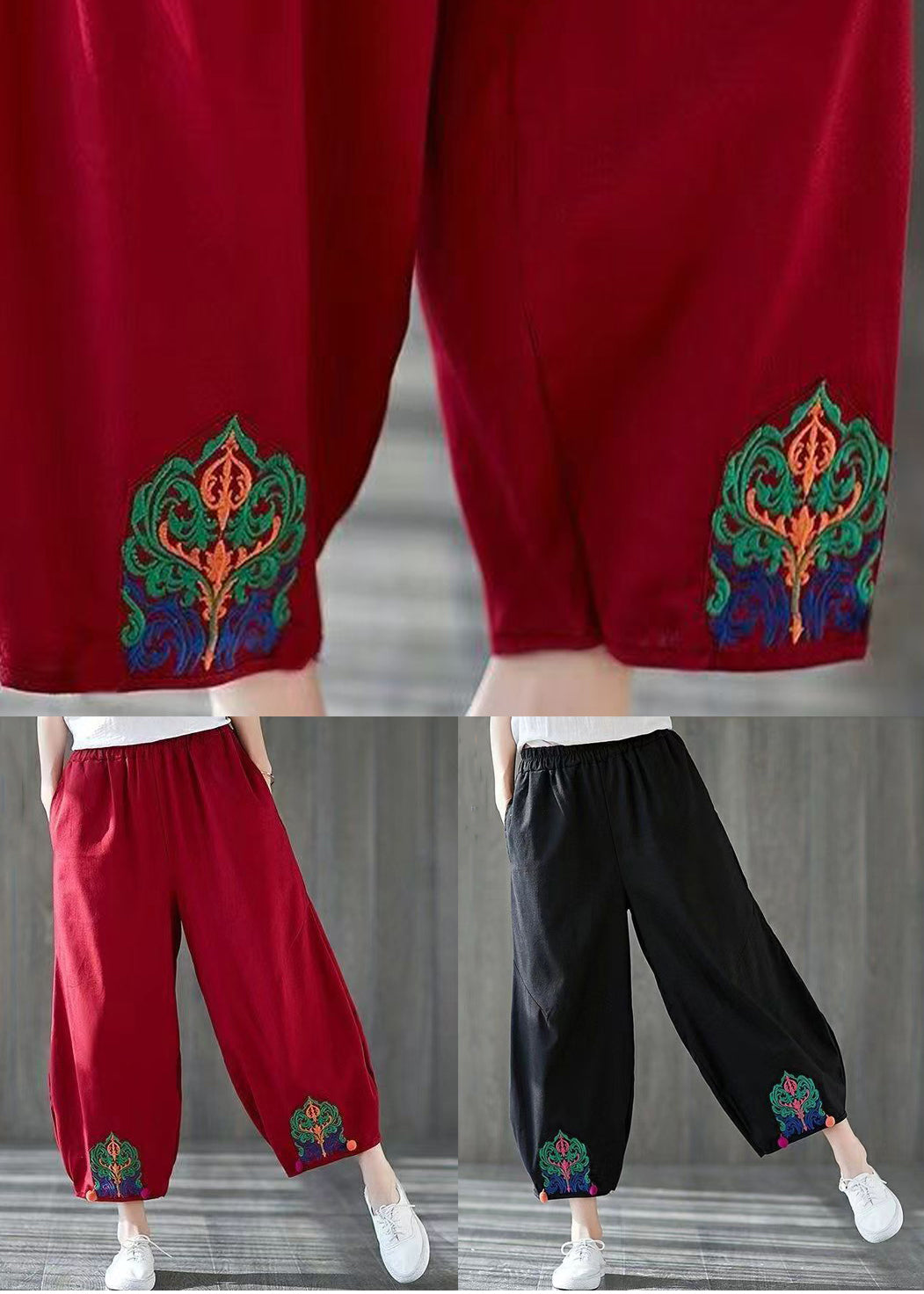 Casual Black Embroidered Elastic Waist Cotton Harem Pants Summer