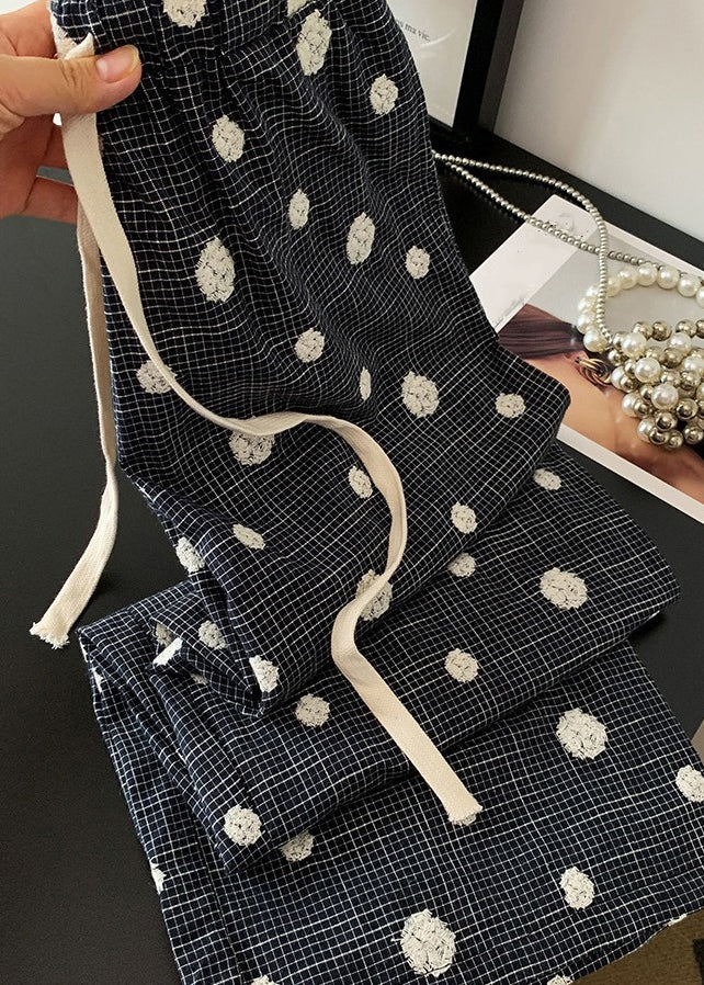 Casual Black Embroidered Tie Waist Wide Leg Pants Fall