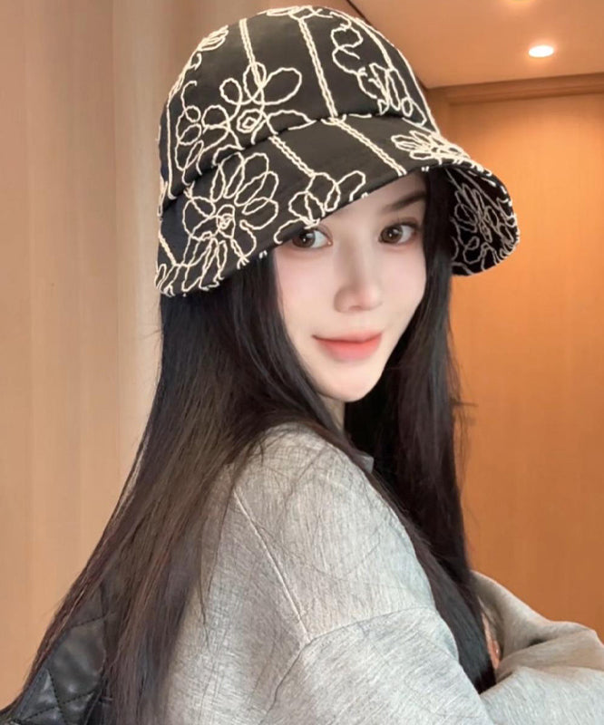 Casual Black Floral Embroidered Bucket Hat