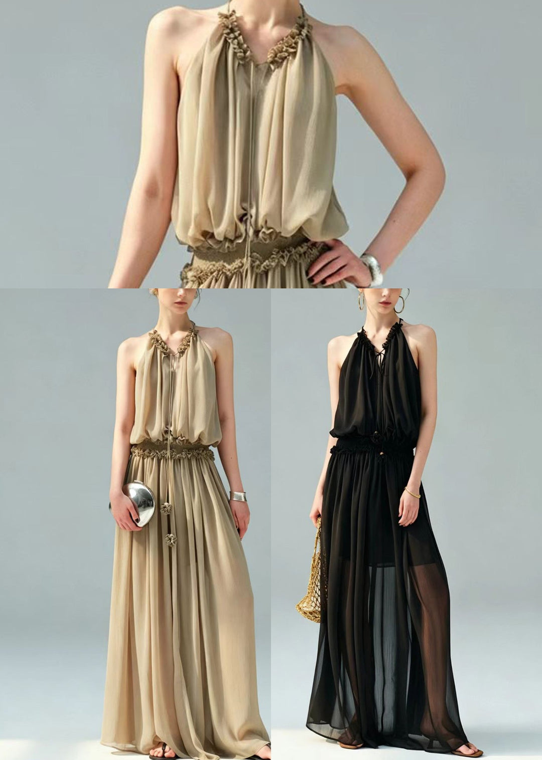 Casual Black Halter Cold Shoulder Chiffon Long Dress Summer