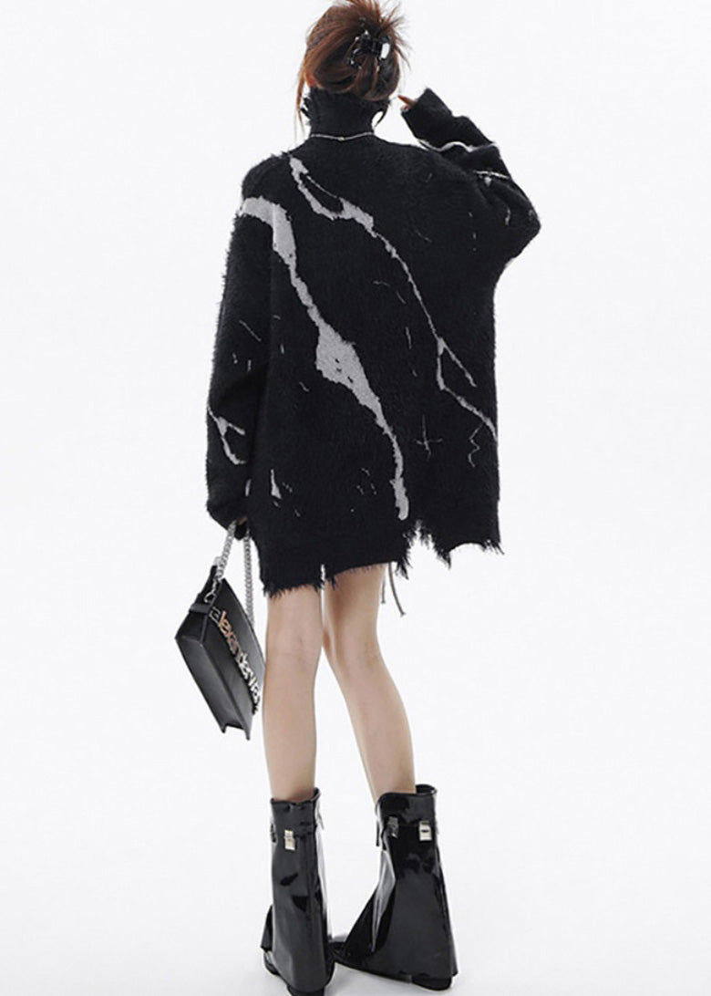 Casual Black High Neck Print Ripped Long Sweater Winter