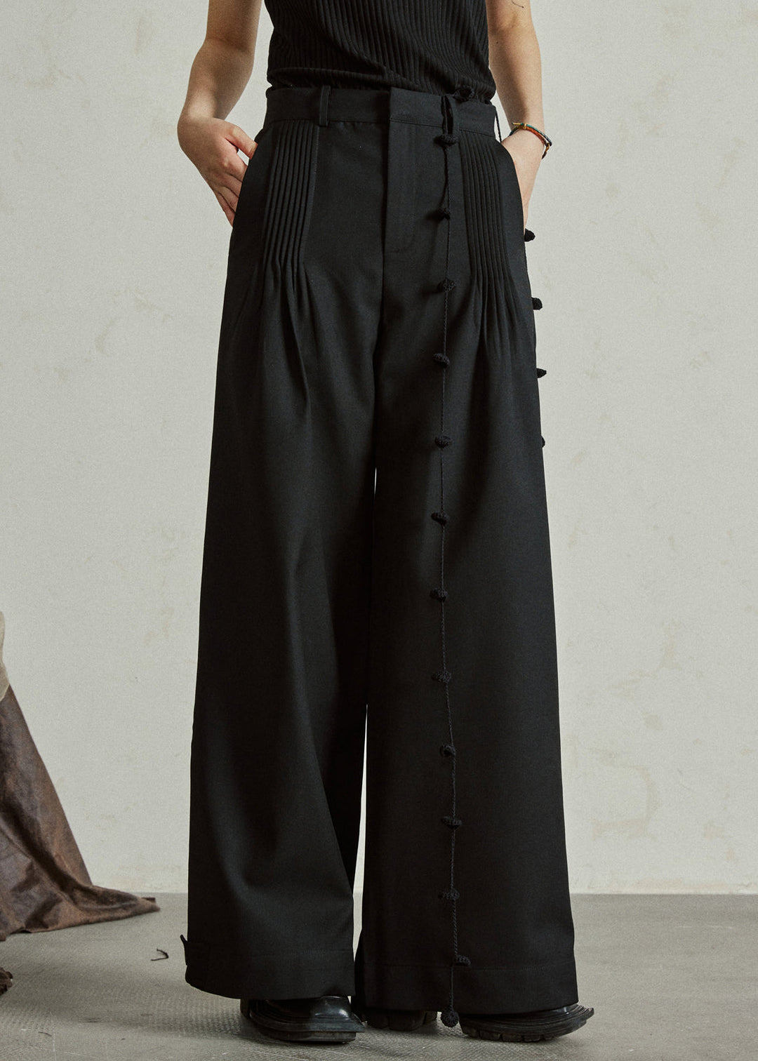 Casual Black High Waist Pockets Wide Leg Pants Fall