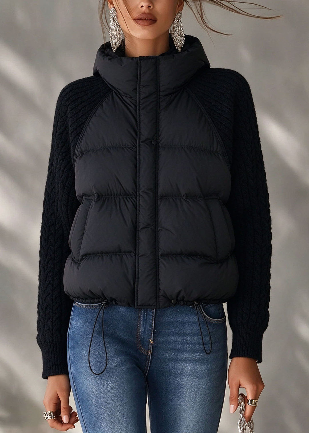 Casual Black Knit Patchwork Drawstring Parka Long Sleeve