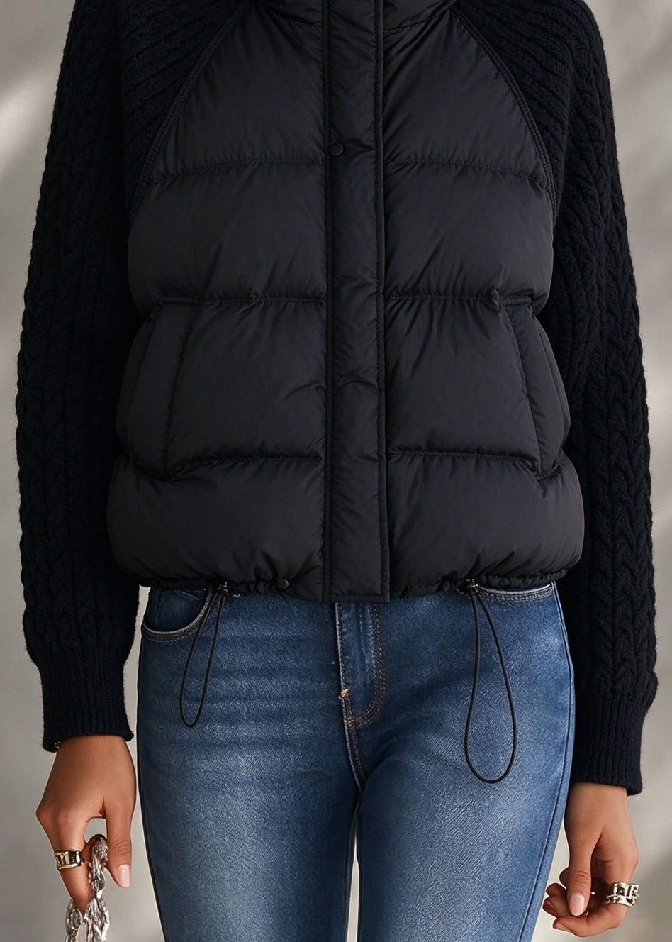 Casual Black Knit Patchwork Drawstring Parka Long Sleeve