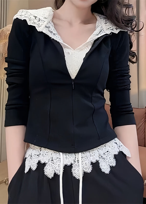 Casual Black Lace Patchwork Hooded Sweatshirt And Straight Pants Two Pieces Set Long Sleeve