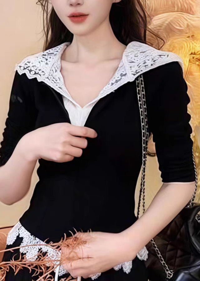 Casual Black Lace Patchwork Hooded Sweatshirt And Straight Pants Two Pieces Set Long Sleeve