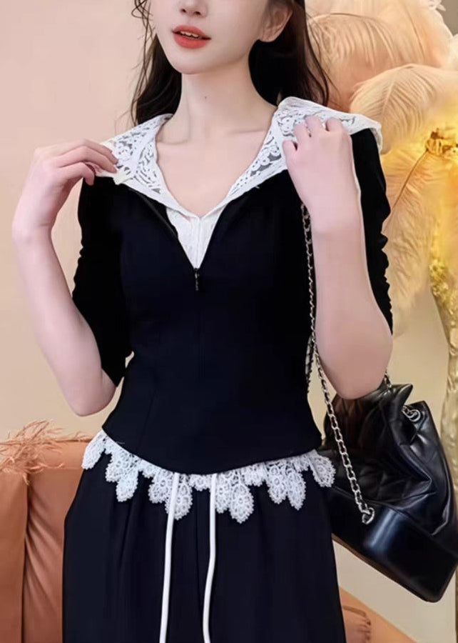 Casual Black Lace Patchwork Hooded Sweatshirt And Straight Pants Two Pieces Set Long Sleeve