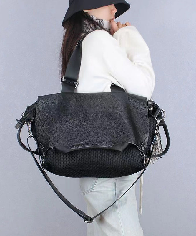 Casual Black Large Capacity Calf Leather Messenger Bag