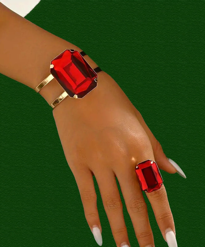 Casual Black Metal Alloy Square Gem Stone Cuff And Rings Two-Piece Set
