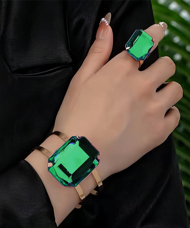 Casual Black Metal Alloy Square Gem Stone Cuff And Rings Two-Piece Set
