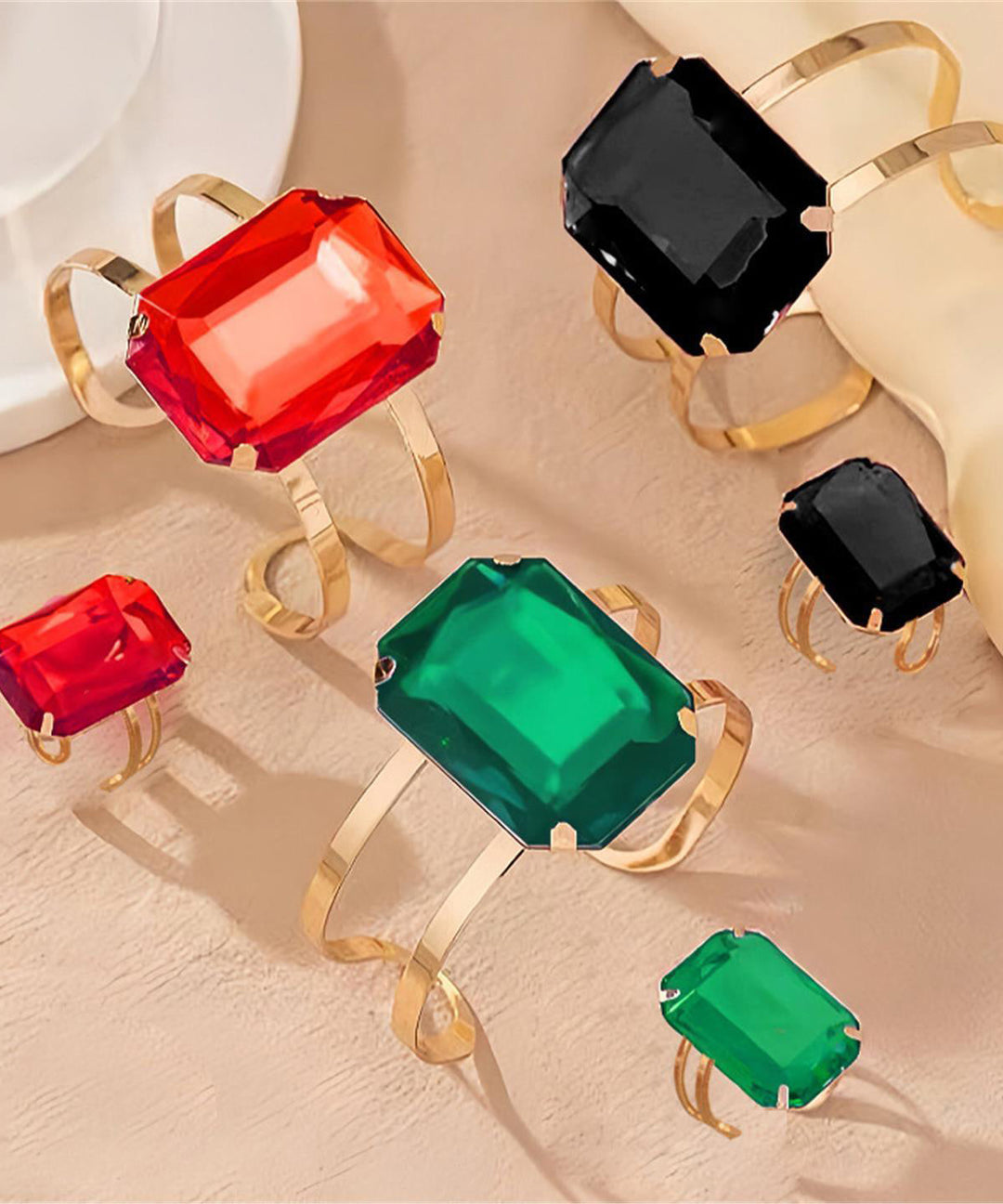 Casual Black Metal Alloy Square Gem Stone Cuff And Rings Two-Piece Set