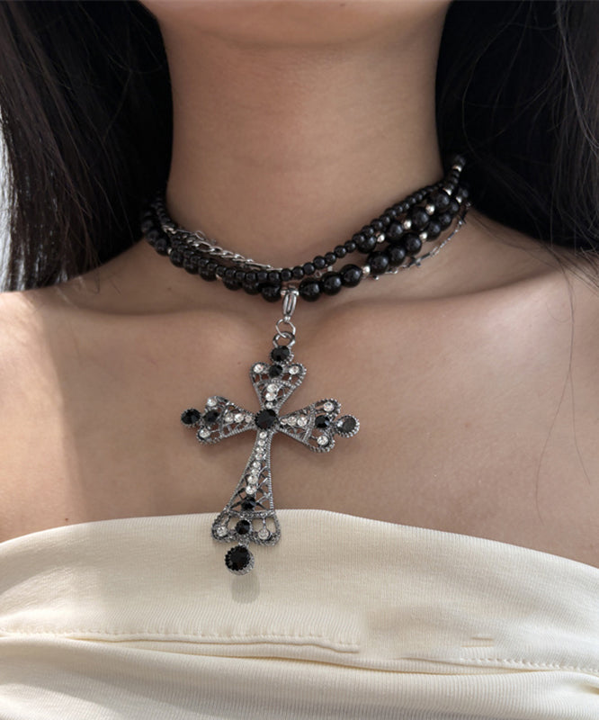 Casual Black Metal Alloy Zircon Multilayer Beads Cross Gratuated Bead Necklace