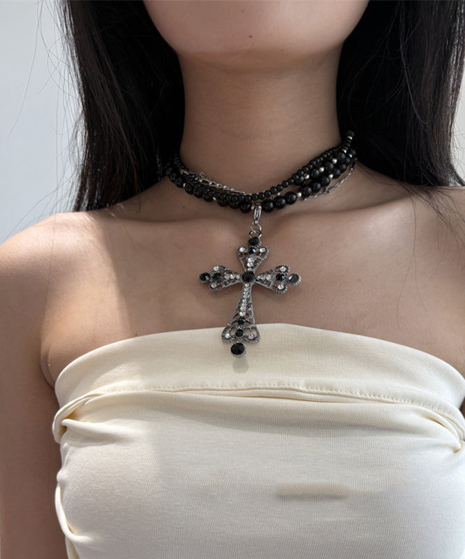 Casual Black Metal Alloy Zircon Multilayer Beads Cross Gratuated Bead Necklace