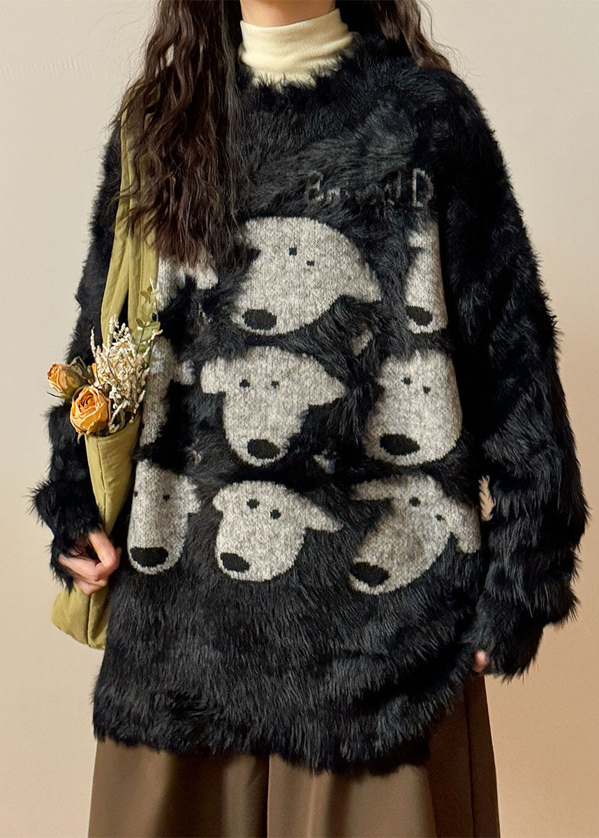 Casual Black O Neck Dog Head Cozy Mink Velvet Sweater