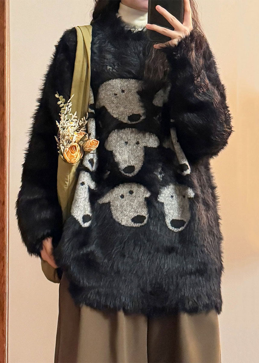 Casual Black O Neck Dog Head Cozy Mink Velvet Sweater