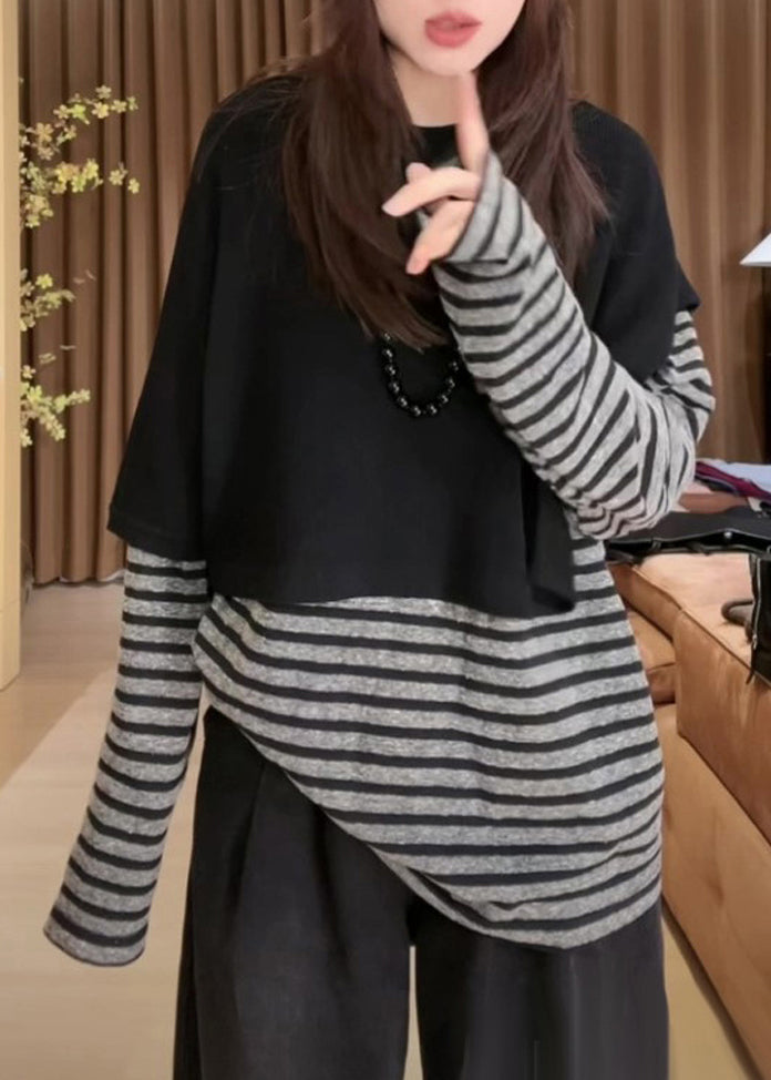 Casual Black O Neck Knit Cape And Striped T hirt Cotton Two Pieces Set Fall