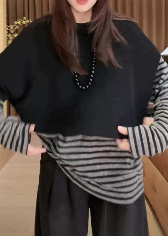 Casual Black O Neck Knit Cape And Striped T hirt Cotton Two Pieces Set Fall
