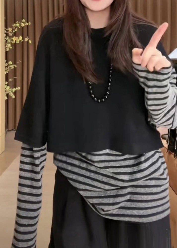 Casual Black O Neck Knit Cape And Striped T hirt Cotton Two Pieces Set Fall